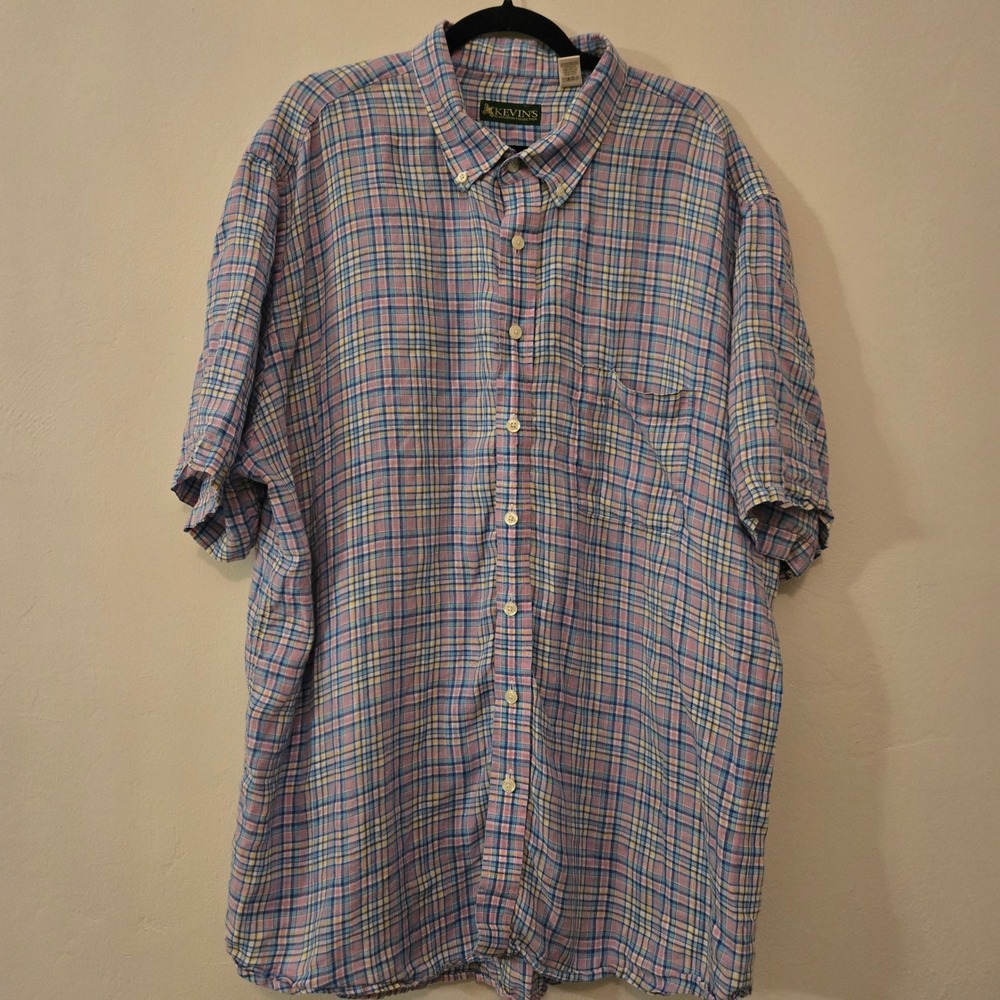 Kevins Plantation plaid Button Down Short Sleeve 100% Linen Shirt Mens Size XXL